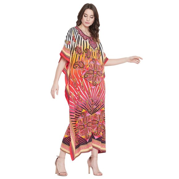 Women Plus Size Paisley Printed Multicolor Kaftan Maxi Dress by Gypsie Blu - Picture 6 of 9